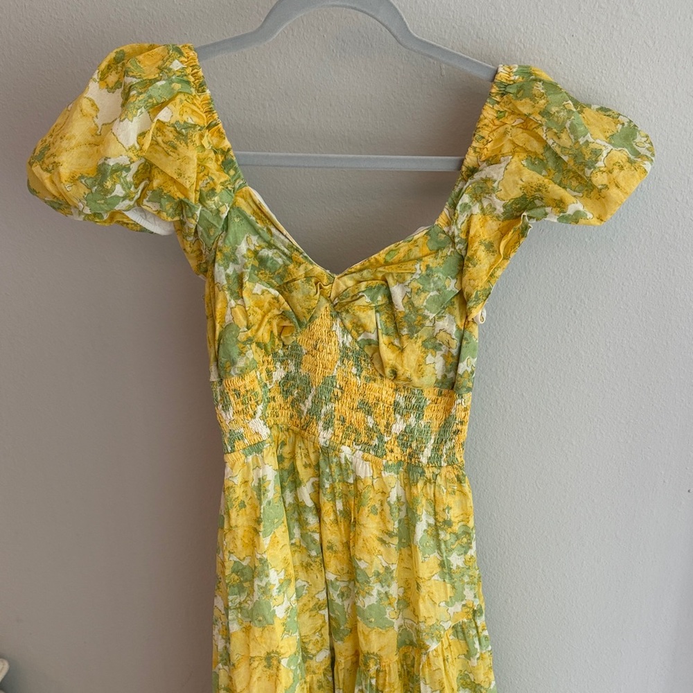 Free People Yellow and Green Floral Puff-Sleeve Dress